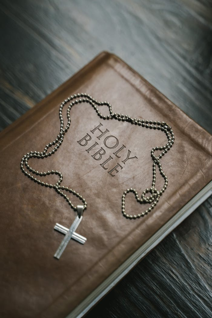 Close-up image of a Holy Bible with a cross necklace, emphasizing Christian faith.